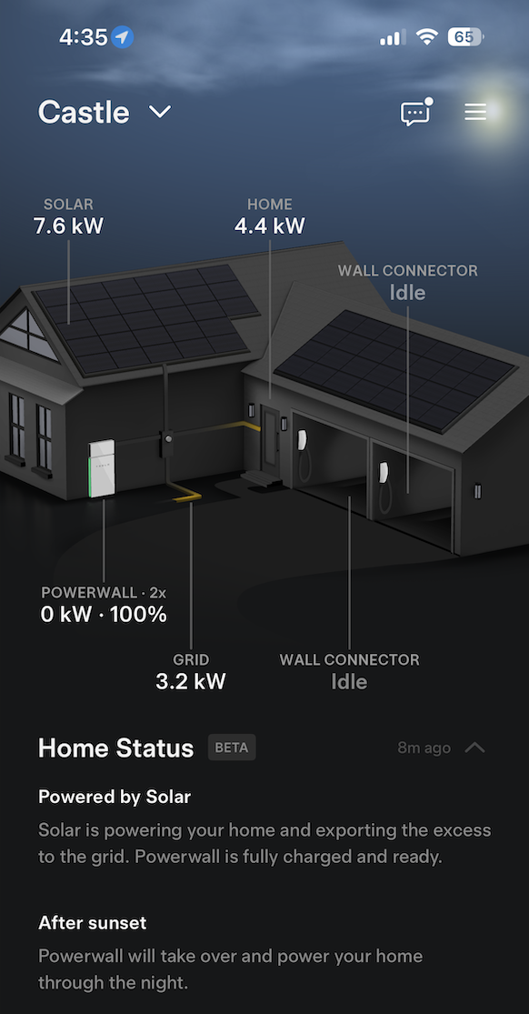 Tesla app energy dashboard showing solar, home power, Powerwall, grid, and wall connector status